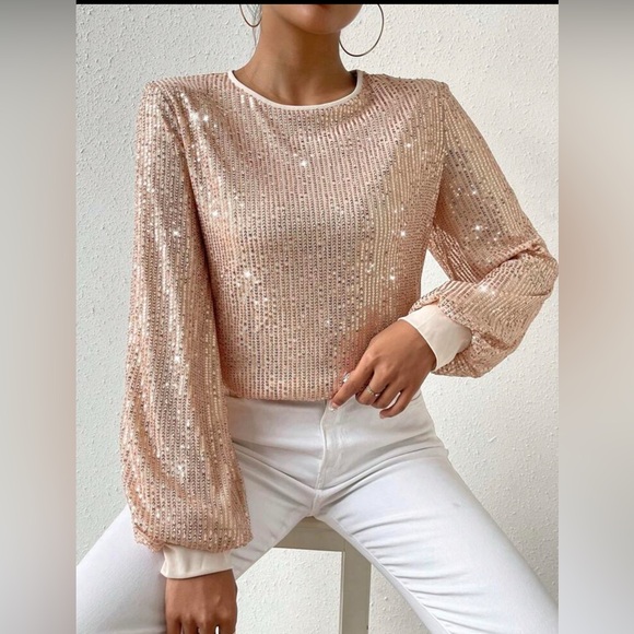 SHEIN - Champagne Sequin Long Sleeve Top - size M - NWOT - Picture 2 of 16
